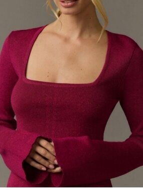 Anthropologie Maeve Hot Pink Metallic Square Neck Cropped Bell Sleeve Sweater S